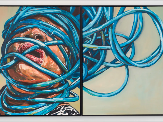 painting representing a portrait of Beverly McIver with a blue rope tangled around her head